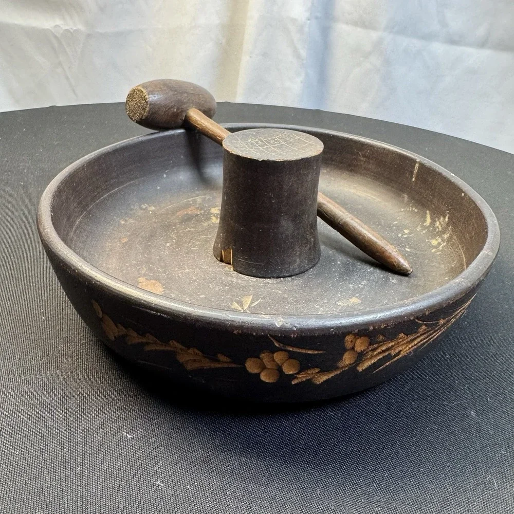 Vintage Japanese Wooden Nut Bowl With Mallet/Hammer‎